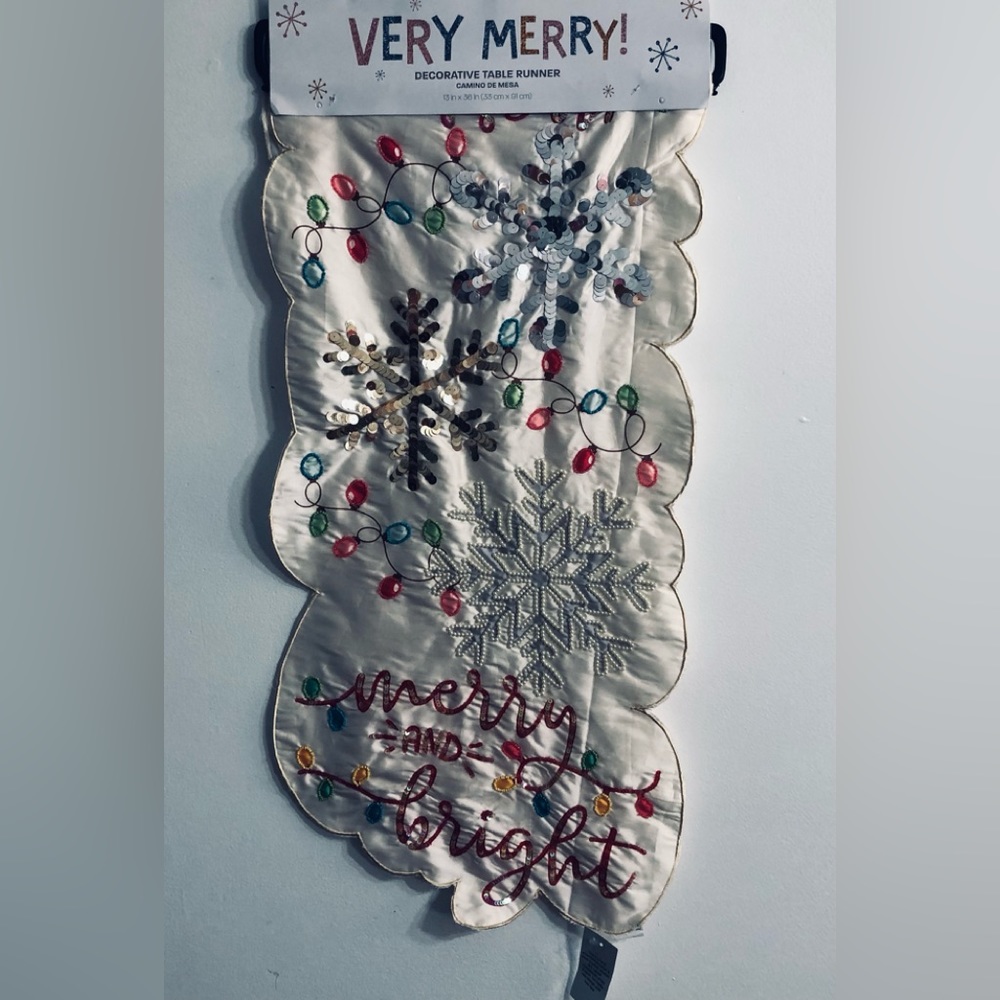 Christmas Table Runner very  Merry! Merry And bright beige. 13inX36in